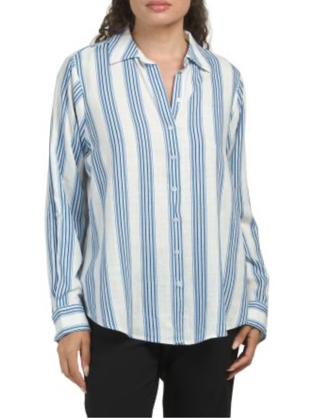 🔥TAMARA H NAVY Linen Blend Striped Long Sleeve Shirt